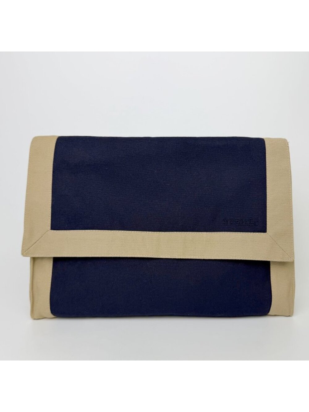 Hermes Yachting Clutch Canvas Beige Navy Vintage